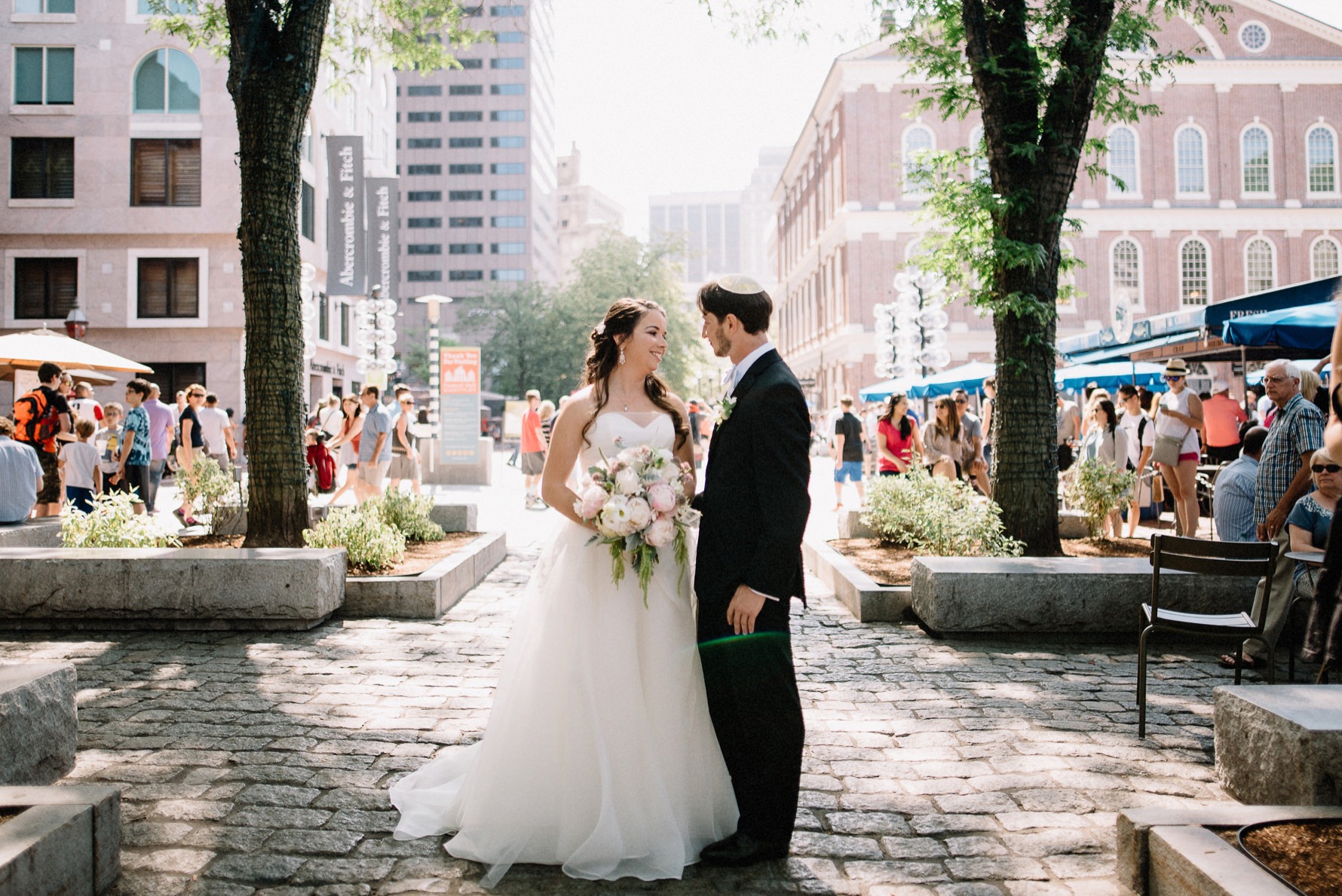 bride and groom in faneuil hall,