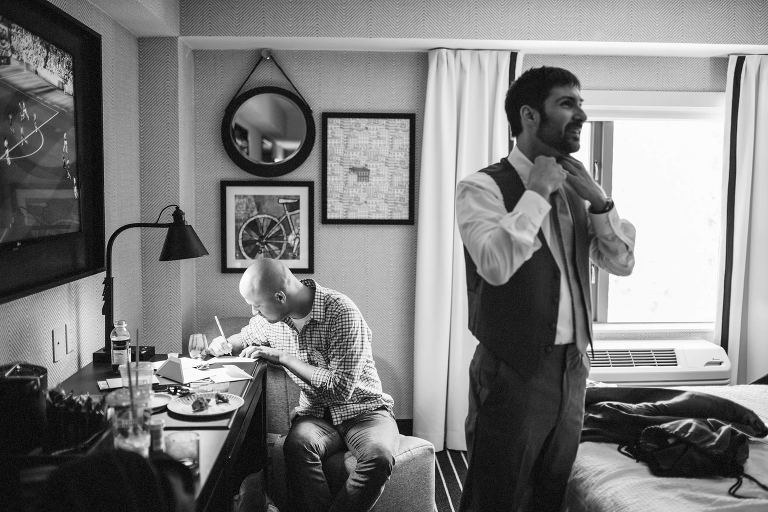 groomsmen getting ready at courtyard brookline,