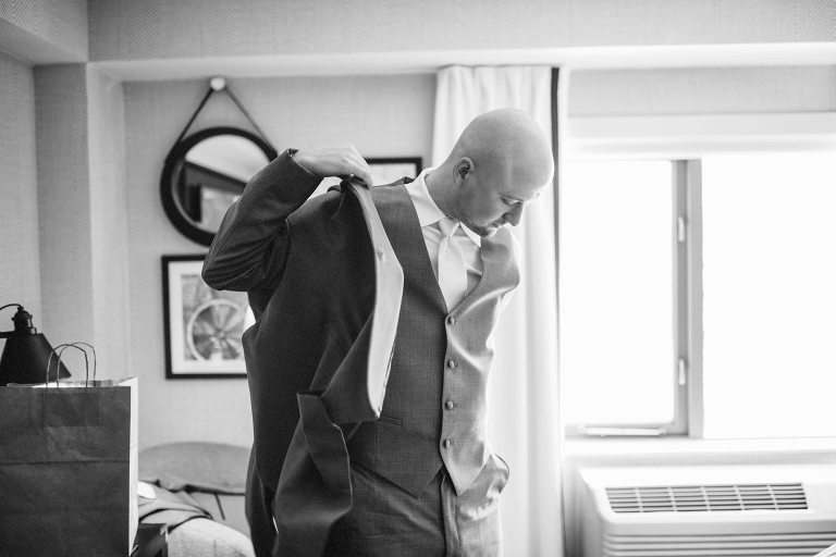 putting jacket on at courtyard brookline,