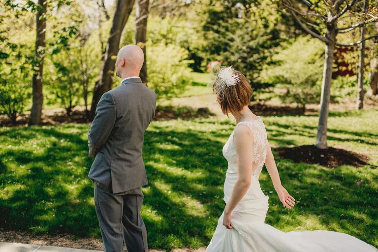 bride and groom first look at alden castle,