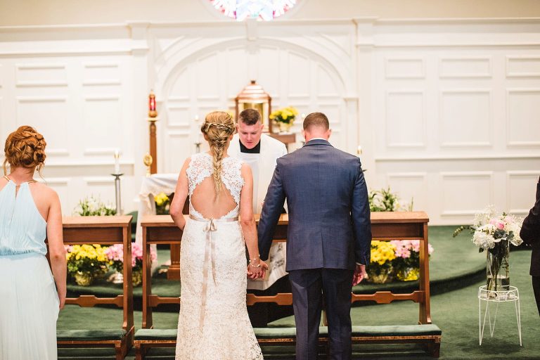 bride and groom at st mary's church foxborough,
